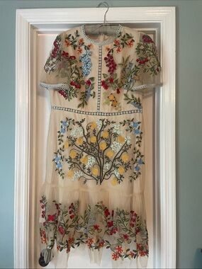 Sheer Beige Floral Embroidered Midi Dress